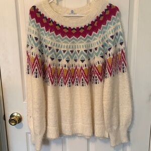 Time and Tru Cream Sweater with Multicolor Pattern
